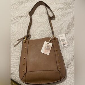 Leather Stud-Trim Shoulder Bag in Taupe